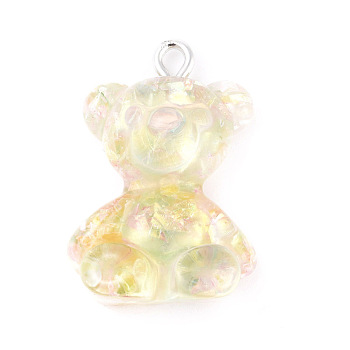 Resin Pendants, with Iron Loops and Glitter Sequins inside, Bear, Lemon Chiffon, 26x18.5x9mm, Hole: 2mm