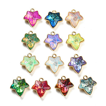 Glass Pendants, with Golden Brass Findings, Faceted, Maple Leaf Charms, Mixed Color, 16.5x15.5x7.5mm, Hole: 1.8mm