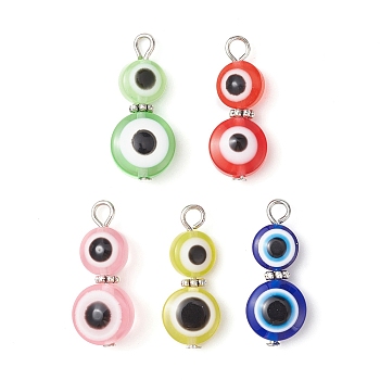 Evil Eye Resin Pendants, Double Flat Round Lucky Eye Charms with Antique Silver Plated Alloy Beads, Mixed Color, 24x10x6mm, Hole: 2.2mm