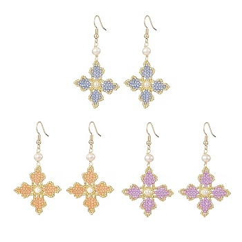 Glass Seed Beaded Cross Fleury Dangle Earrings with Round Shell Pearl, Brass Jewelry for Women, Mixed Color, 62mm, Pin: 0.8mm, 3 pairs/set