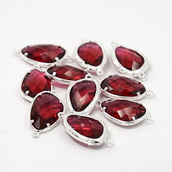 Silver Color Plated Brass Glass Links connectors, Faceted Teardrop, Dark Red, 24x13x6mm, Hole: 1mm