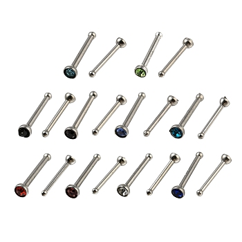 Rhinestone Nose Bone Rings, 304 Stainless Steel Nose Pin Studs Piercing Jewelry, Mixed Color, 9x2mm