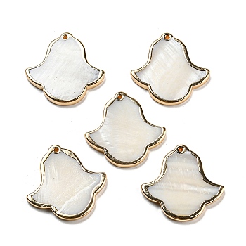 Natural Freshwater Shell Pendants, Flower Charms with Brass Edge, Golden, 30x30x3mm, Hole: 1.2mm