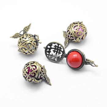 Rack Plating Brass Cage Pendants, Chime Ball Pendants, with Brass Bell Beads, Lead Free & Cadmium Free, Round with Wing, Brushed Antique Bronze, 26.5x26x20mm, Hole: 3mm