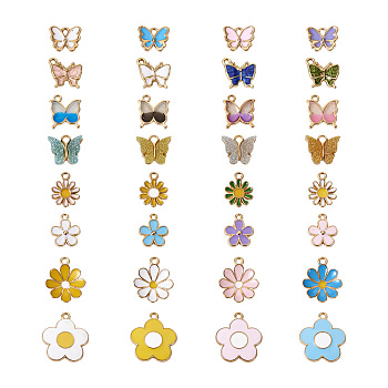 Fashewelry 128Pcs 8 Style Alloy Enamel Pendants, Butterfly & Flower, Mixed Color, 16pcs/style