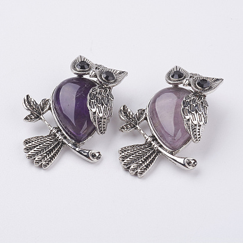 Natural Amethyst Pendants, with Alloy Finding, Owl, Antique Silver, 46.5x35.5x11.5mm, Hole: 6x8.5mm