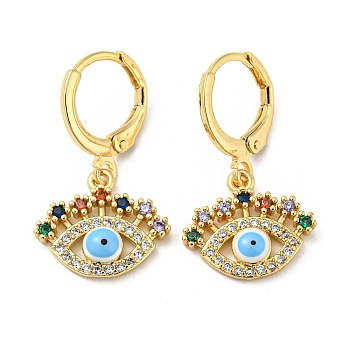 Evil Eye Real 18K Gold Plated Brass Dangle Leverback Earrings, with Enamel and Cubic Zirconia, Light Sky Blue, 25.5x15mm