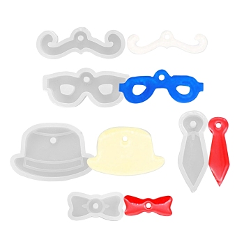 10Pcs 5 Style Pendant Silicone Molds, Resin Casting Molds, For UV Resin, Epoxy Resin Jewelry Making, Hat & Bowknot & Tie & Mustache & Glasses, White, 15~38x14~46x8mm, Hole: 2.5mm, 2pcs/style