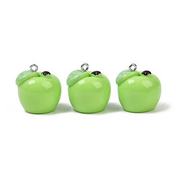 Spray Painted Opaque Resin Pendants, Imitation Food, Apple Charm, with Platinum Tone Iron Loops, Light Green, 24x22.5mm, Hole: 2mm