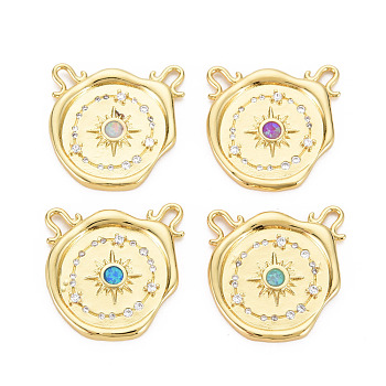Brass Clear Cubic Zirconia Links Connectors, with Natural Opal, Real 18K Gold Plated, Flower, Nickel Free, Mixed Color, 22x22x2.5mm, Hole: 1.5mm