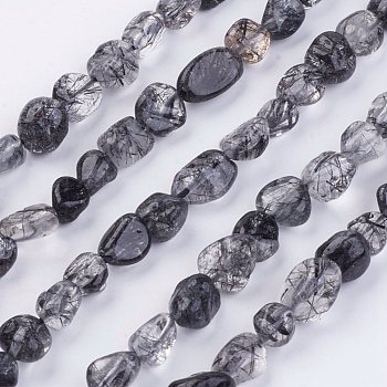 Natural Black Rutilated Quartz Beads Strands, Tumbled Stone, Nuggets, 2~11x4~8x2~4mm, Hole: 1mm, about 62pcs/strand, 15.74 inch