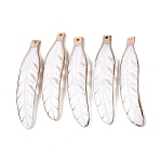 Natural Shell Carved Big Pendants, Brass Bezeled Feather Charms, Light Gold, Seashell Color, 71~72x16~16.5x2~3mm, Hole: 1.5~1.6mm(SHEL-Q027-01KCG)