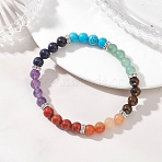 Chakra Natural Mixed Gemstone Beads Stretch Bracelets for Women, Round, with Brass Rhinestone Beads, Silver, Mixed Color, Beads: 6~6.5mm, Inner Diameter: 2.17 inch(5.5cm)(BJEW-JB13200-01)