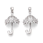 Brass Micro Pave Cubic Zirconia Pendants, Umbrella Charms, Platinum, 23.5x14x7.5mm, Hole: 4.5x2.5mm(KK-T073-53P)