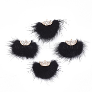 Faux Mink Fur Tassel Pendant Decorations, with Rhinestone and Alloy Findings, Fan, Golden, Black, 24~28x29~34x8mm, Hole: 1.5mm(X-FIND-T040-20)