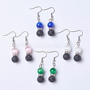 Cat Eye and Natural Lava Rock Dangle Earrings, with Brass Earring Hooks, Round, Mixed Color, 49mm, Pin: 0.7mm(EJEW-JE03057-M)