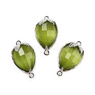 Cat Eye Faceted Teardrop Connector Charms, Brass Strawberry Links, Platinum, Olive Drab, 20x11.5x5mm, Hole: 1.2mm(G-B081-02P-05)