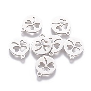 201 Stainless Steel Charms, Flat Round with Clover, Stainless Steel Color, 14x12x1.2mm, Hole: 1.5mm(STAS-Q201-T061)