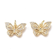 Brass Micro Pave Clear Cubic Zirconia Charms, with Jump Rings, Long-Lasting Plated, Butterfly, Real 18K Gold Plated, 14~15x9.5x2mm, Jump Ring: 5x1mm, Hole: 3.5mm(ZIRC-Q024-11G)