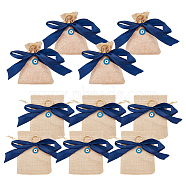 Rectangle Linenette Drawstring Bags, with Blue Polyester Ribbon and Zinc Alloy Enamel Evil Eye Pendants, Floral White, 14.5x10cm(ABAG-AB00001)