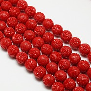 Synthetic Coral Beads Strands, Dyed, Round Beads Carved Flower Rose, Red, 12mm, Hole: 1mm, about 33pcs/strand, 15.74 inch(X-CORA-L032-12mm-03)