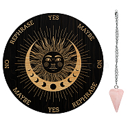 AHADEMAKER 1Pc Wood Pendulum Board, 1Pc 304 Stainless Steel Cable Chain Necklaces, 1Pc Natural Rose Quartz Stone Pendants, for Witchcraft Wiccan Altar Supplies, Sun Pattern, Board: 200x4mm(DIY-GA0005-13F)