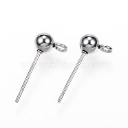 304 Stainless Steel Ball Stud Earring Findings, with Loop, Stainless Steel Color, 15x7x4mm, Hole: 1.7mm, Pin: 0.8mm(X-STAS-G099-09P)