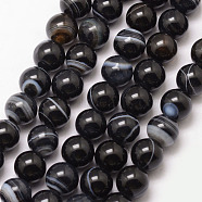 Natural Striped Agate/Banded Agate Bead Strands, Round, Grade A, Dyed & Heated, Black, 8mm, Hole: 1mm, about 47pcs/strand, 15 inch(X-G-K166-13-8mm-05)