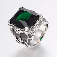 304 Stainless Steel Finger Rings, with Cubic Zirconia, Rectangle, Green, 17~22mm(RJEW-G091-26-D)