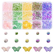 410Pcs 15 Style Transparent Spray Painted Glass Beads, with Golden Foil, Butterfly & Round, Mixed Color, 6~9x6~15x4~9mm, Hole: 1~1.5mm(GLAA-YW0001-81)