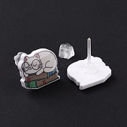 Acrylic Cat Stud Earrings with Platic Pins for Women, White, 12x14mm, Pin: 1mm(EJEW-F293-04B)