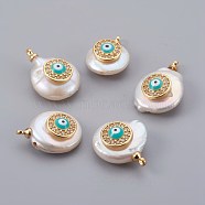 Natural Cultured Freshwater Pearl Pendants, with Cubic Zirconia and Enamel, Brass Findings, Long-Lasting Plated, Flat Round with Eye, Real 18K Gold Plated, 14~21x9~16x5~9mm, Hole: 1.5mm(PEAR-F008-01G)