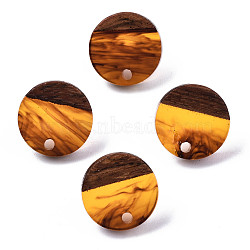 Resin & Walnut Wood Stud Earring Findings, with 304 Stainless Steel Pin, Imitation Gemstone, Flat Round, Chocolate, 14mm, Hole: 1.8mm, Pin: 0.7mm(MAK-N032-007A-G01)