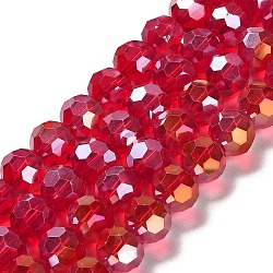Transparent Glass Beads, 32 Facets, AB Color Plated, Round, Cerise, 10x8.5~9mm, Hole: 1.6mm, about 67pcs/strand, 23.62''(60cm)(EGLA-A035-T10mm-B07)