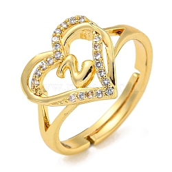 Heart with Letter Rack Plating Brass Micro Pave Clear Cubic Zirconia Adjustable Rings for Women, Lead Free & Cadmium Free, Real 18K Gold Plated, Letter Z, Inner Diameter: 16mm(RJEW-I105-01G-Z)