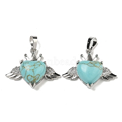 Synthetic Turquoise with Clear Cubic Zirconia Pendants, Heart & Wing Charms with Rack Plating Brass Findings, Platinum, Cadmium Free & Lead Free, 25x31.5x8.5~9mm, Hole: 7.9x5mm(G-G133-02P-23)