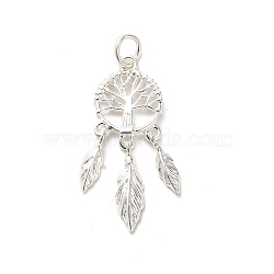 925 Sterling Silver Pendants, Tree with Feather Charms, with S925 Stamp, Antique Silver, 25x10x2mm, Hole: 3mm(STER-P057-05S)