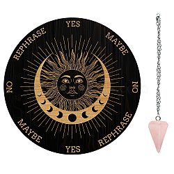 AHADEMAKER 1Pc Wood Pendulum Board, 1Pc 304 Stainless Steel Cable Chain Necklaces, 1Pc Natural Rose Quartz Stone Pendants, for Witchcraft Wiccan Altar Supplies, Sun Pattern, Board: 200x4mm(DIY-GA0005-13F)