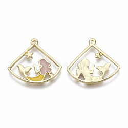 Alloy Enamel Pendants, Cadmium Free & Nickel Free & Lead Free, Fan with Mermaid & Star, Light Gold, Yellow, Rosy Brown, 21x23x1.5mm, Hole: 1.2mm(X-ENAM-S122-012-NR)