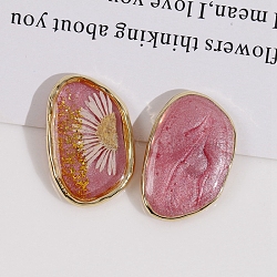 Transparent Epoxy Reisn Alloy Nuggets Cabochons, Golden, with Inner Flower, Pale Violet Red, 24x16mm(PW-WG99470-06)