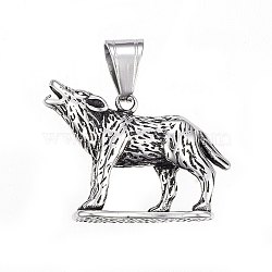 304 Stainless Steel Pendants, Howling Wolf Pendants, Antique Silver, 25x34x9mm, Hole: 10x7mm(STAS-O106-43AS)