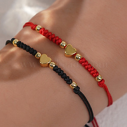 2Pcs  2 Colors 304 Stainless Steel Heart Bead Braided Bead Bracelet, Adjustable Waxed Cord Braided Bracelets for Women, with Greeting Card, Mixed Color(ZD8113-1)
