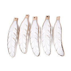 Natural Shell Carved Big Pendants, Brass Bezeled Feather Charms, Light Gold, Seashell Color, 71~72x16~16.5x2~3mm, Hole: 1.5~1.6mm(SHEL-Q027-01KCG)