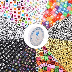 1800Pcs 200Pcs/Style 9 Styles DIY Jewelry Set Making, Bracelet with Opaque & Transparent & Plated & Spray Painted & Antique Style Acrylic Beads, Cube and Elastic Crystal Thread, Mixed Color, 1800Pcs/Bag(DIY-YW0002-15)