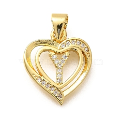 Rack Plating Brass Micro Pave Cubic Zirconia Pendants, Long-Lasting Plated, Lead Free & Cadmium Free,Real 18K Gold Plated, Heart with Letter Charms, Letter Y, 17.5x15x2.5mm, Hole: 5x3mm(KK-L226-101G-Y)