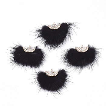 Faux Mink Fur Tassel Pendant Decorations, with Rhinestone and Alloy Findings, Fan, Golden, Black, 24~28x29~34x8mm, Hole: 1.5mm