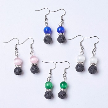 Cat Eye and Natural Lava Rock Dangle Earrings, with Brass Earring Hooks, Round, Mixed Color, 49mm, Pin: 0.7mm