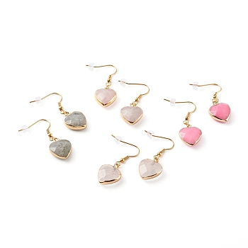 Mixed Natural Gemstone Heart Dangle Earrings, with 304 Stainless Steel Earring Hooks and Ear Nuts, Golden, 39mm, Pin: 0.7mm