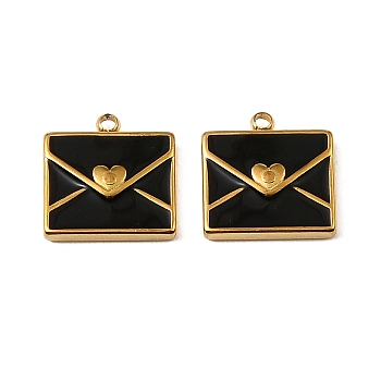 304 Stainless Steel Pendants, with Enamel, Envelope Charms, Real 18K Gold Plated, Ion Plating(IP), Black, 13.5x13x3mm, Hole: 1.4mm