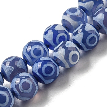 Tibetan Style dZi Beads Strands, Dyed Natural Agate Beads Strands, Round with Eye Pattern, Medium Blue, 10mm, Hole: 1mm, about 34~35pcs/strand, 13.78~14.17 inch(35~36cm)